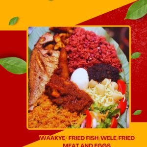 Waakye, Fried Fish, Wele, Fried Meat & Eggs, Gravy & Shito