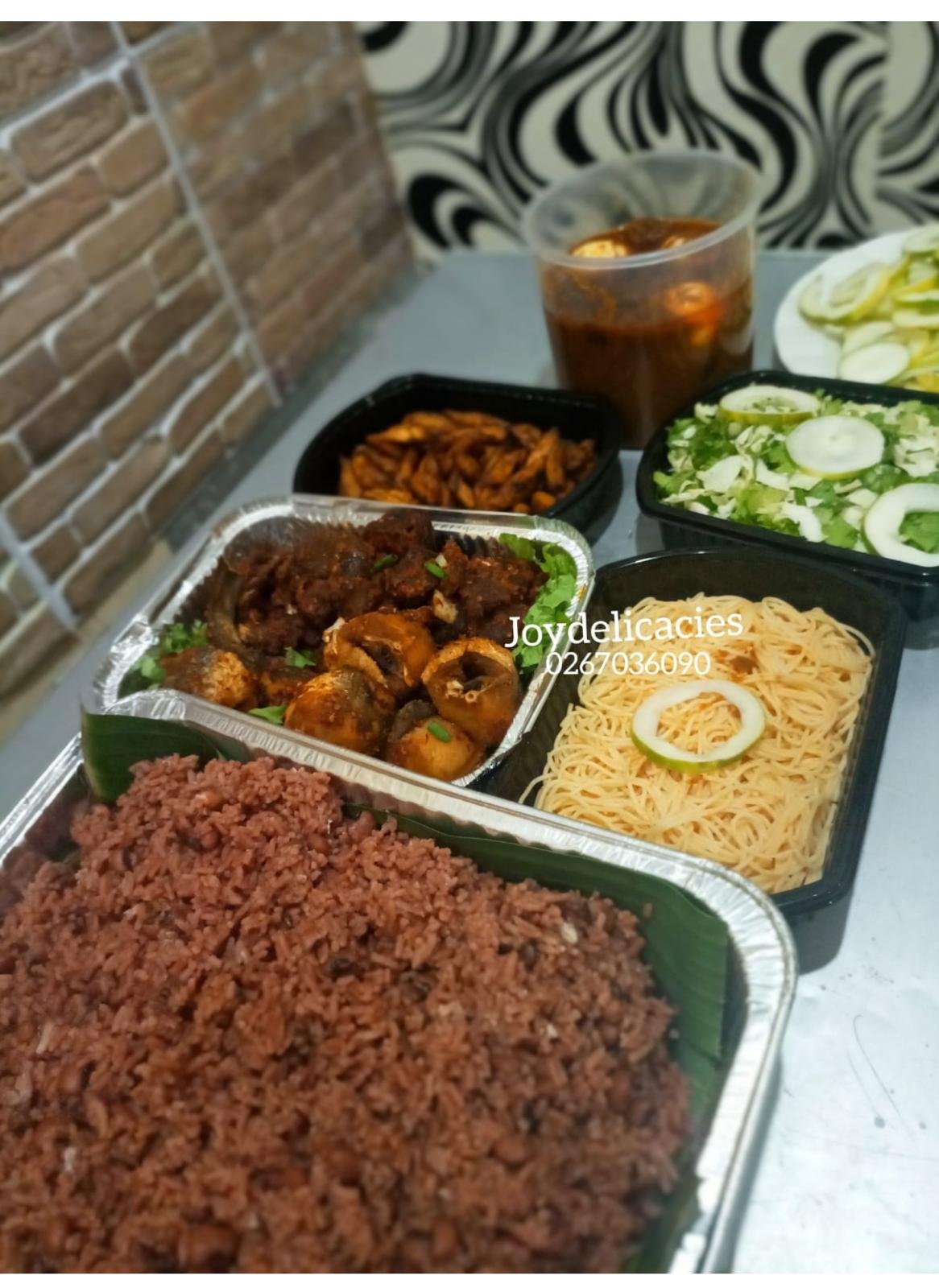 Waakye, Veggies, wele, eggs, Fried fish, spaghetti, waakye stew, Shito