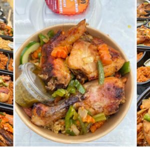 Jollof or fried rice with 2 Charcoal Grilled grilled , chopped veggies + pepper pack, Kelewele