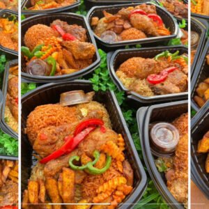 Goat meat signature Jollof, chopped veggies + pepper pack, Kelewele